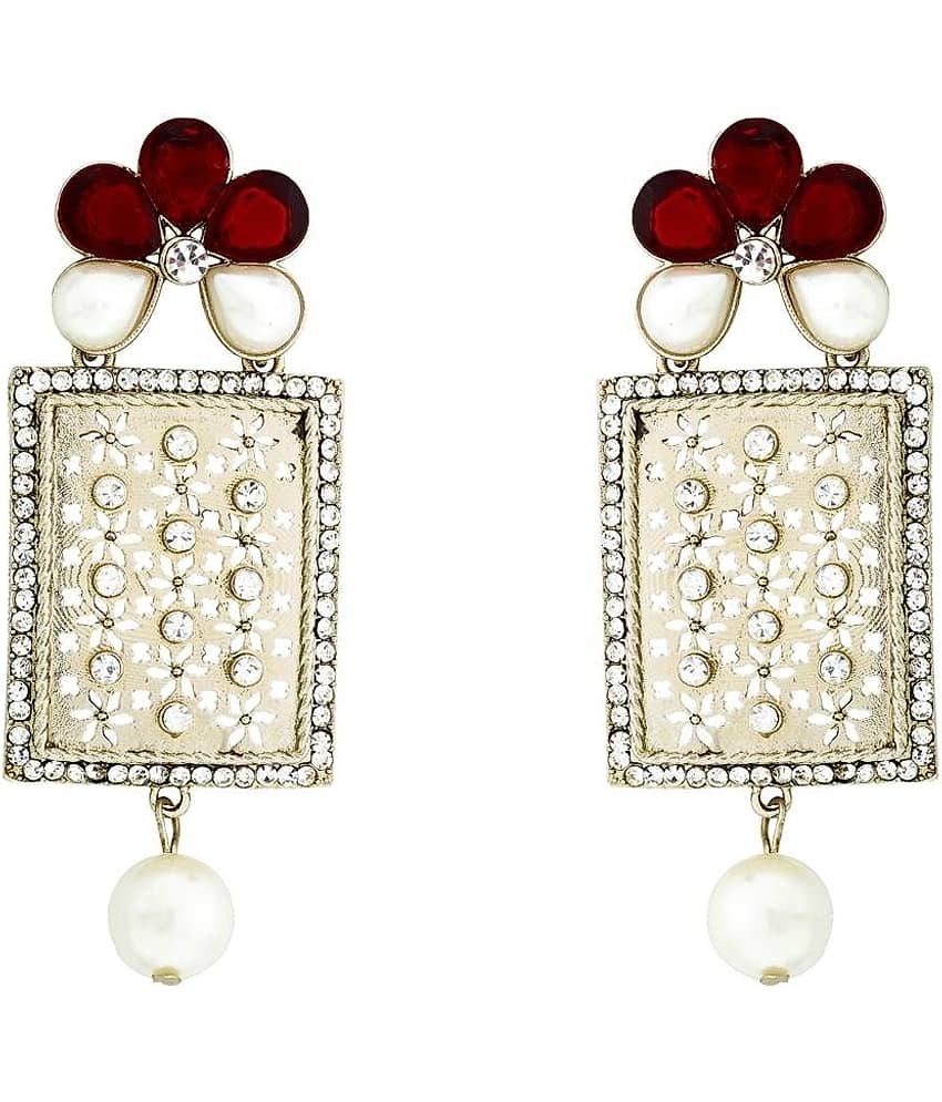 The Jewelbox Designer American Diamond Ruby Red Pearl Rhodium Long Earring for Women