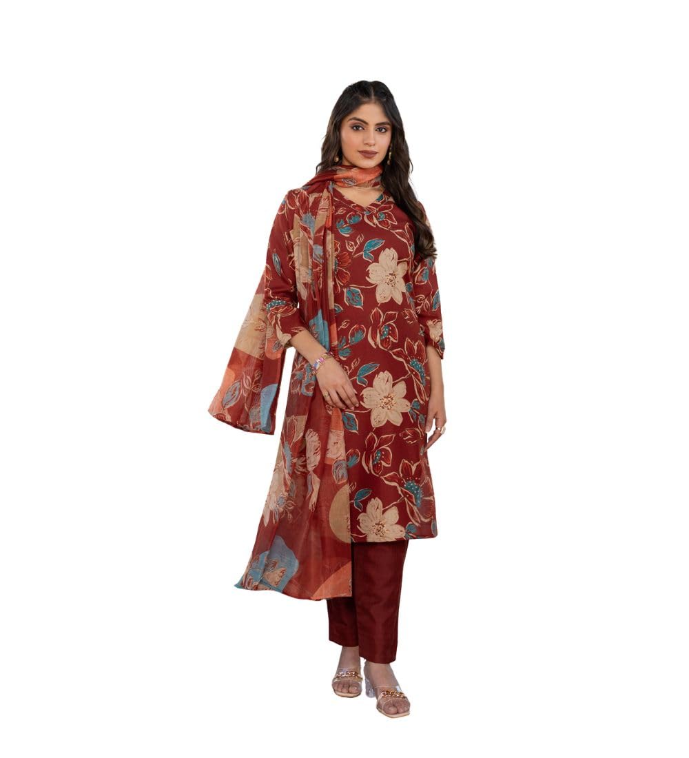 Women's Cotton Blend Printed Kurti with Pant Dupatta Set (Rust, L)-PID63057