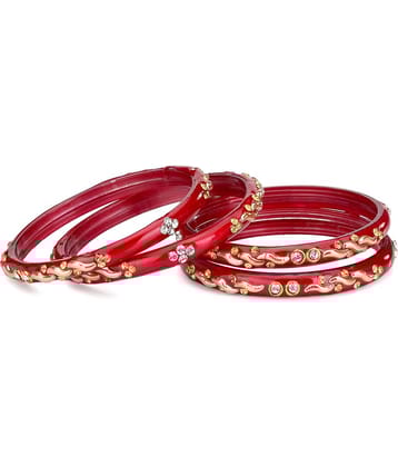 Designer Set Of 4 Bangle/ Kada For Party And Daily Use, Glass, OrnamentedRed, Gold, U02, (With Safety Cum Carry Box)