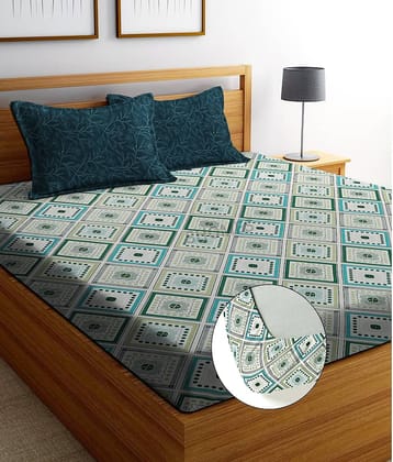 SHOMES Cotton Floral Fitted 1 Bedsheet with 2 Pillow Covers ( Double Bed ) - Green