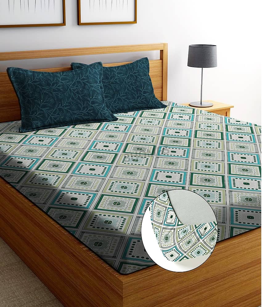 SHOMES Cotton Floral Fitted 1 Bedsheet with 2 Pillow Covers ( Double Bed ) - Green