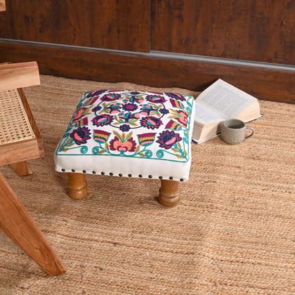 Handcrafted Floral Embroidered Wooden Stool  Colorful Vintage Footrest with Artistic Charm