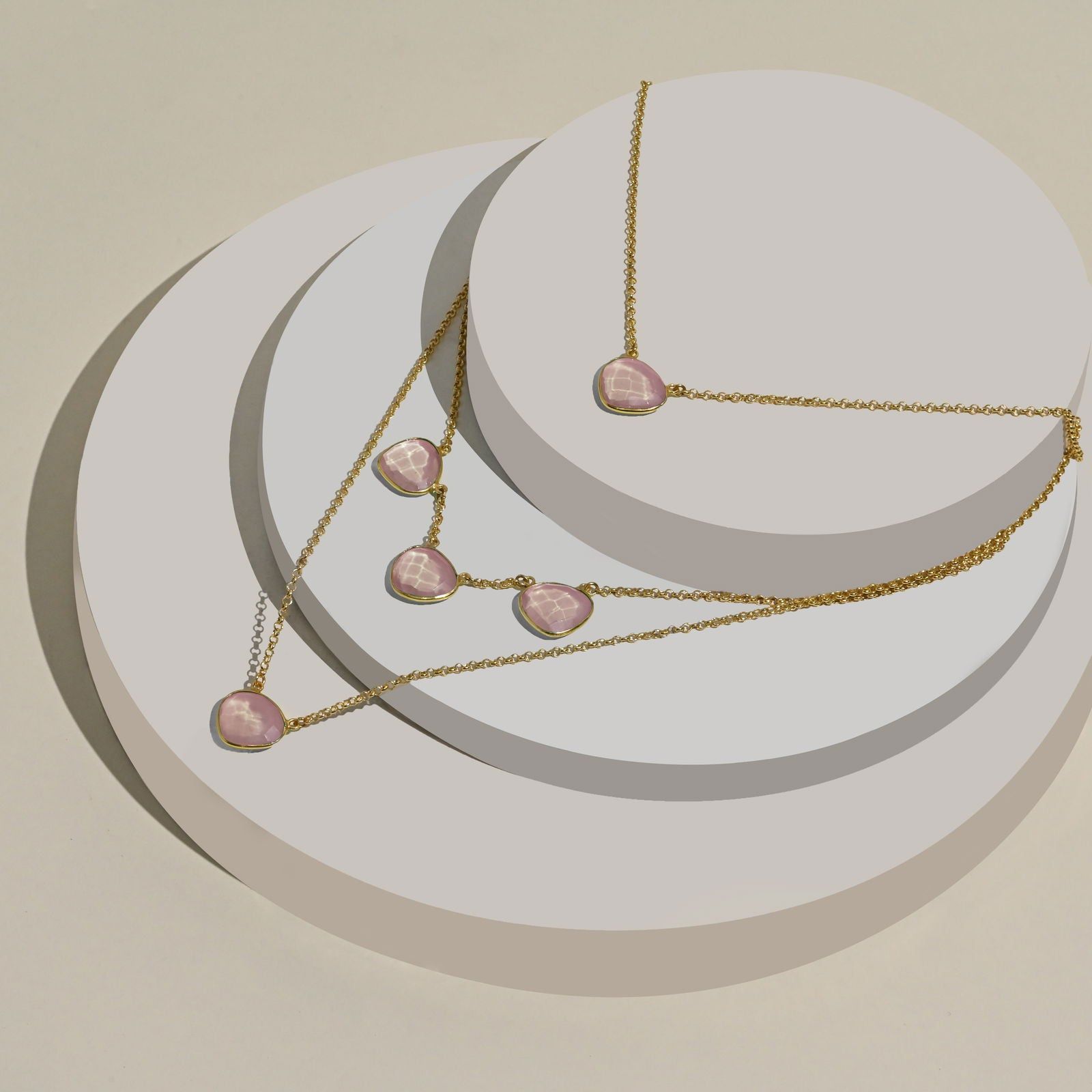 Gold Plated Danburite Layer Statement Necklace-Pink