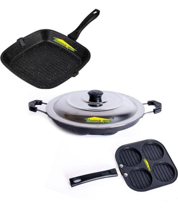HomePro Non-Stick Set, Grill Pan 26 cm, Mini Uttapam 20 cm, Black Appam with Steel Lid 12 Cavity (Pack of 3)