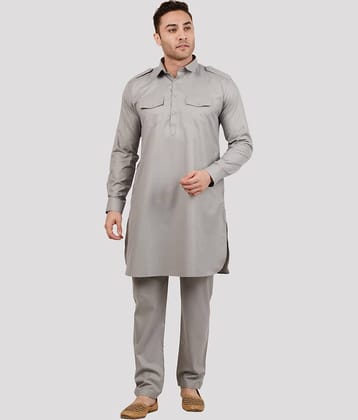 Maharaja - Medium Grey Cotton Blend Regular Fit Men's Pathani Suit ( Pack of 1 )