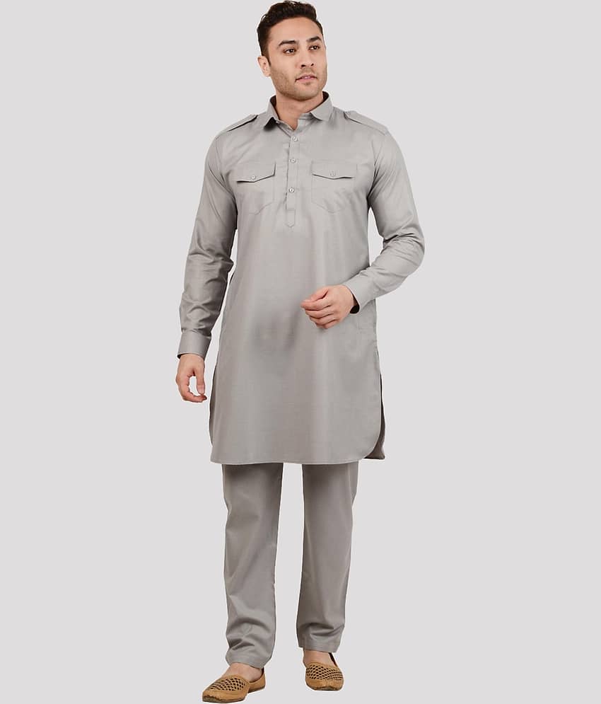 Maharaja - Medium Grey Cotton Blend Regular Fit Men's Pathani Suit ( Pack of 1 )