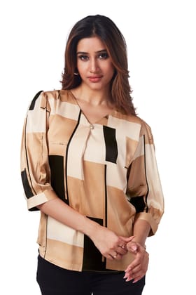Satin Top with Marble Print-BROWN / L