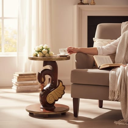 PREET GALLERY Handcrafted Wooden Swan Side Table | Antique Finish Hand-Carved Accent Table with Brass Detailing | Decorative End Table for Living Room & Bedroom