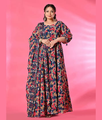 PrettyPlus by Desinoor.com Women Georgette Printed Anarkali Kurti with Dupatta ( Teal )