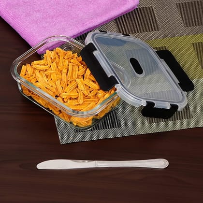 Femora Borosilicate Rectangle Glass Container with Dectahable & Break Free Lid, Black Color, 620 ML, Set of 2