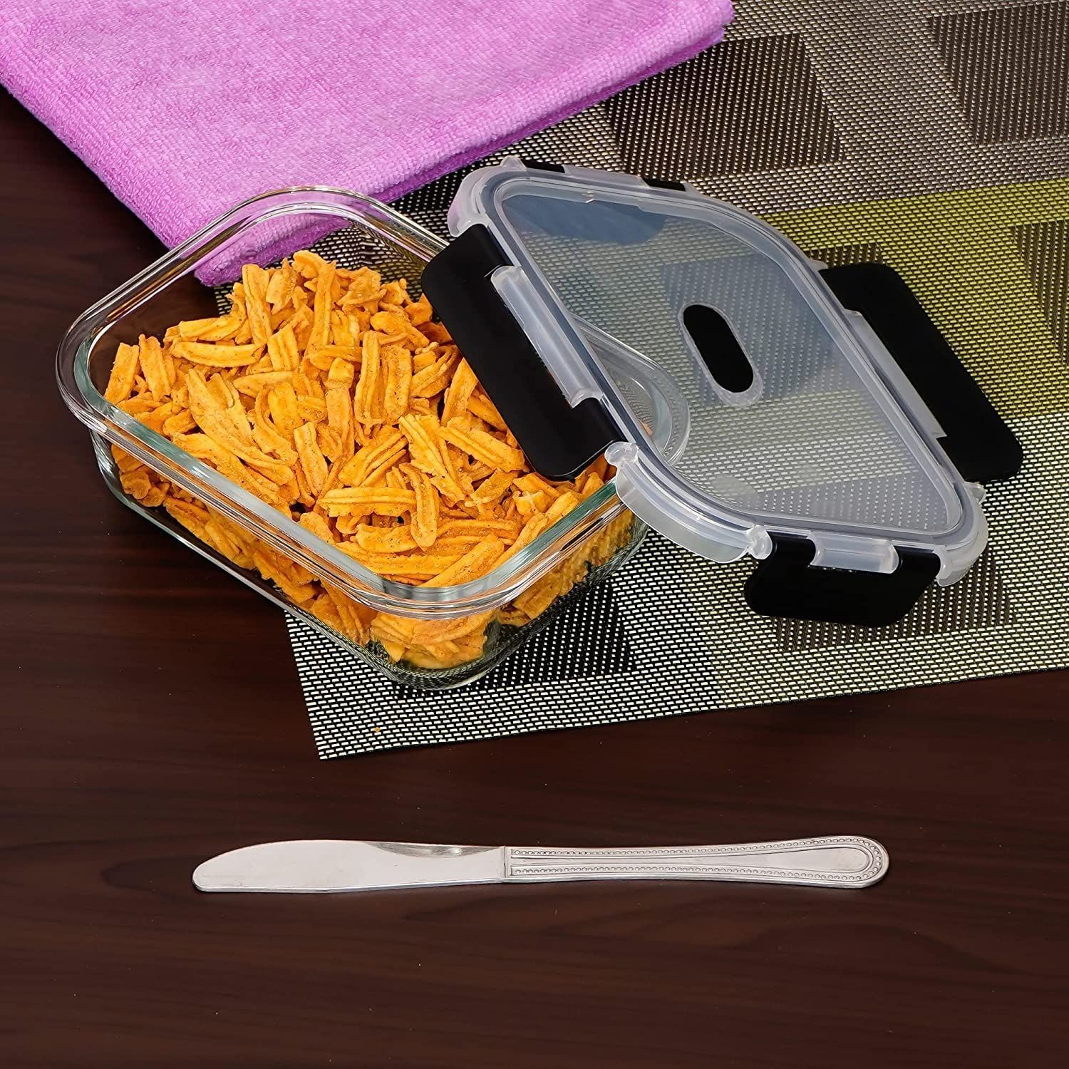 Femora Borosilicate Rectangle Glass Container with Dectahable & Break Free Lid, Black Color, 620 ML, Set of 2