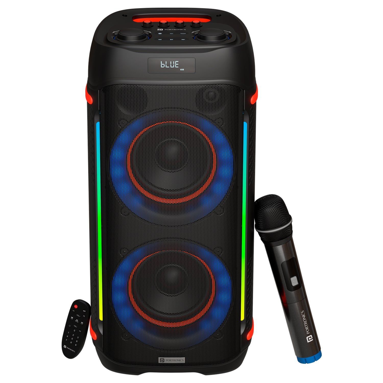 Portronics Iron Beats IV Dual 6 inch Subwoofer, RGB LED Lights, Wireless Karaoke Mic, Upto 4 Hours Playtime