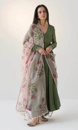 Olive Green V- Neck Anarkali With Block Printed Dupatta And Palazzo-XS