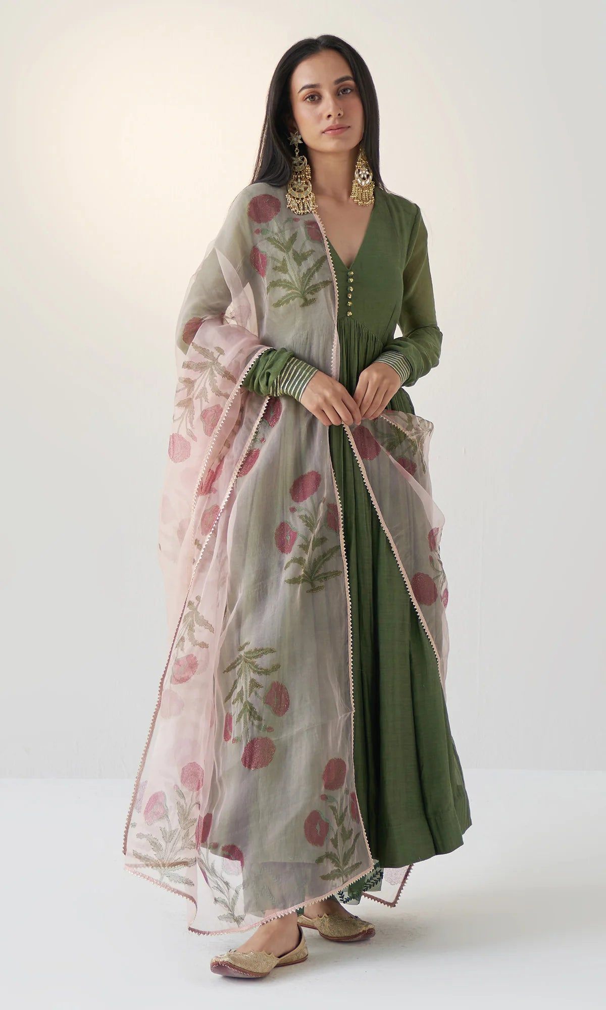 Olive Green V- Neck Anarkali With Block Printed Dupatta And Palazzo-XS