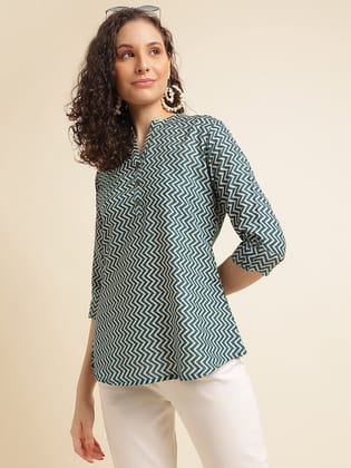 Aqua Printed Straight Cotton Blend Top-XS