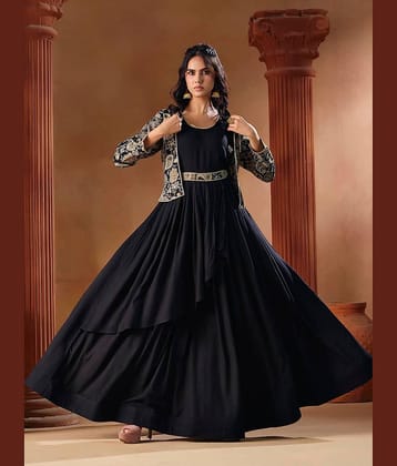 Madhuram Textiles Women Rayon Anarkali Stitched Ethnic Gown With Jacket ( Black )