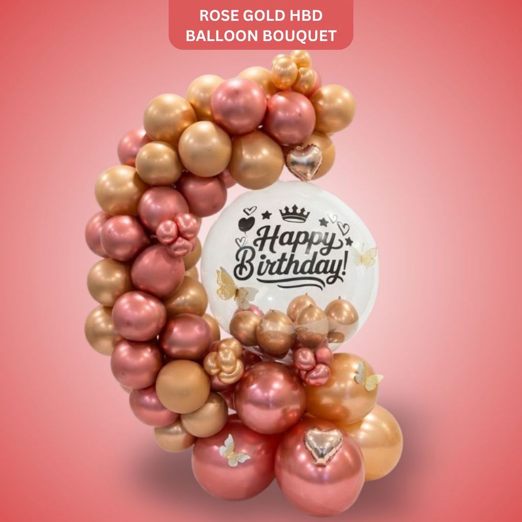 Designer Rose Gold & Pink Balloon Bouquet Arrangement with Transaprent Round Bobo Balloon & 3D Butterflies - Party and Festive Needs | Buy online on ZillyBuy