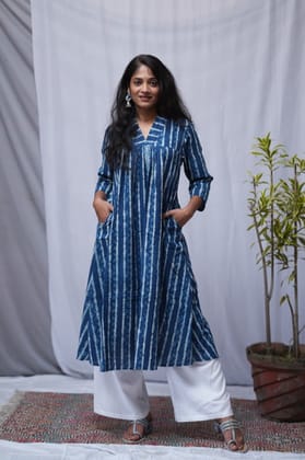 Rivaaj Ethnic Akira Kurta (M) | Indigo Blue Cotton A-Line with Dabu Handblock Print | Casual Ethnic Womens Wear | Traditional Indian Dress