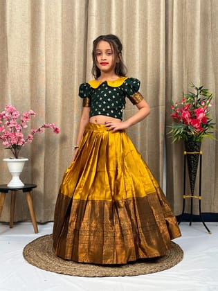 New Pure Kanjivaram Silk kids Lehenga Blouse-Yellow / 1 year