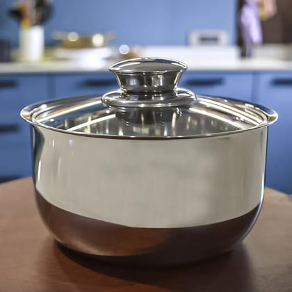 Softel Stainless Steel Double Wall Insulated Serving Hot Pot Casserole with Glass Lid | Silver | 1 Pc