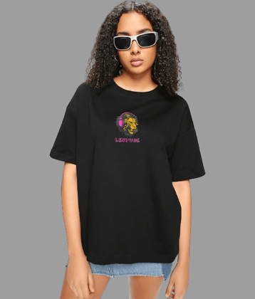 Trond Women Cotton Blend Printed Oversized Fit Round Neck T-Shirt ( Black )