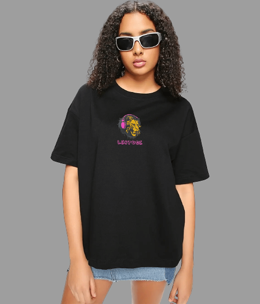 Trond Women Cotton Blend Printed Oversized Fit Round Neck T-Shirt ( Black )