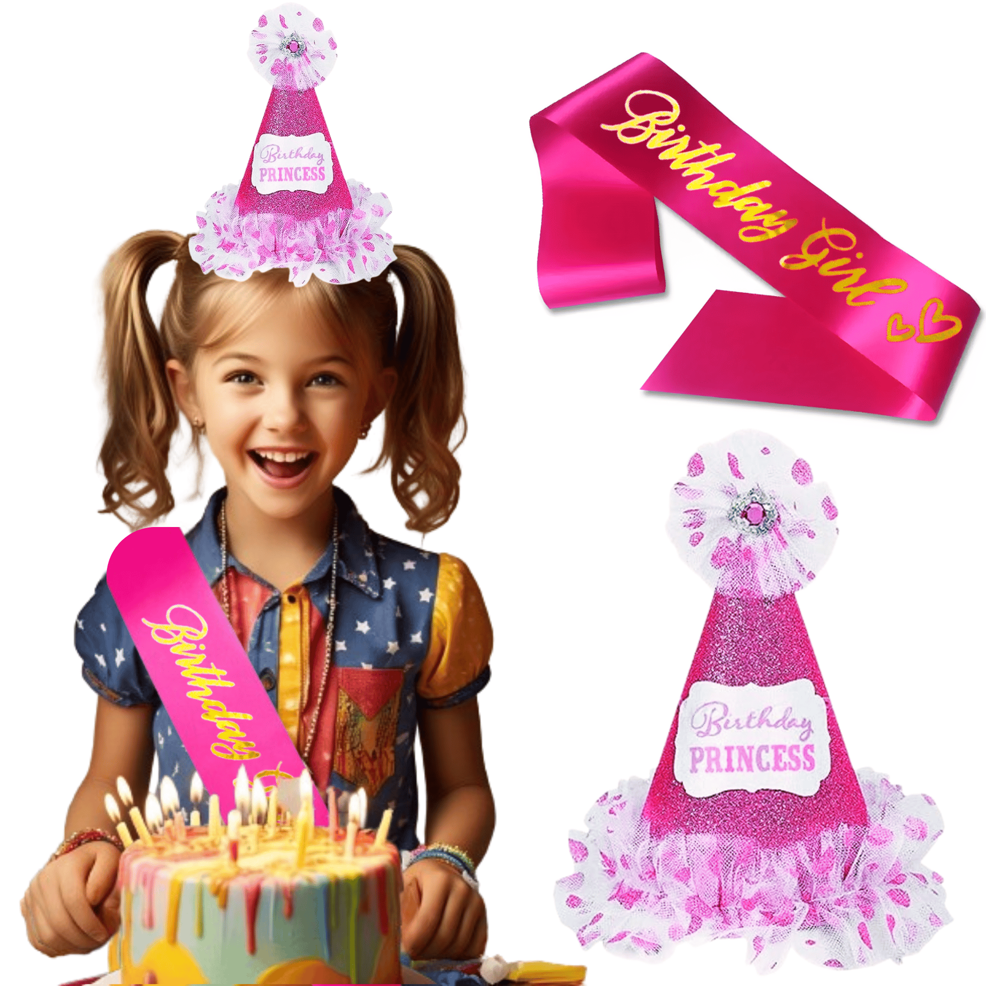 Hot Pink Happy Birthday Cap w/ Tassel & Sash Combo for Girls  - 2PC