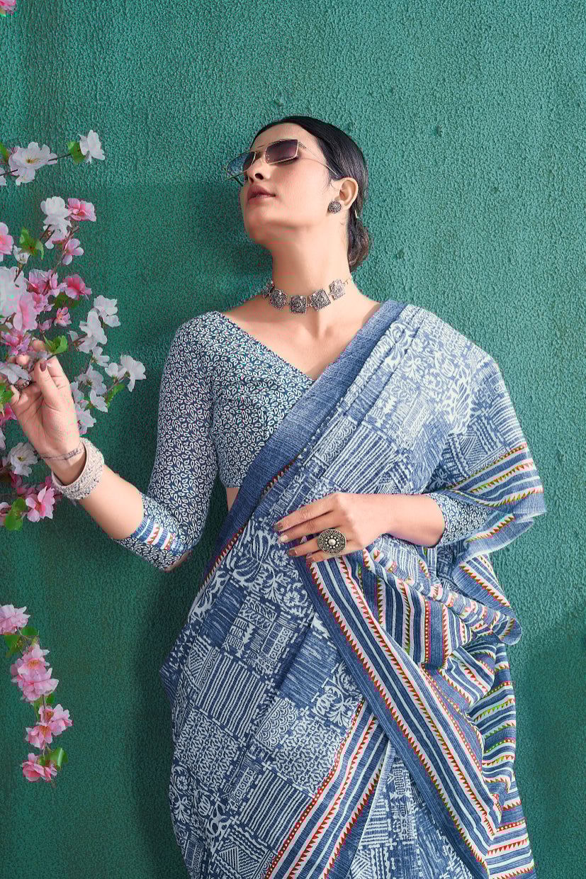 Handicraft Women's Ikat Pure soft Cotton Saree With Blouse Piece