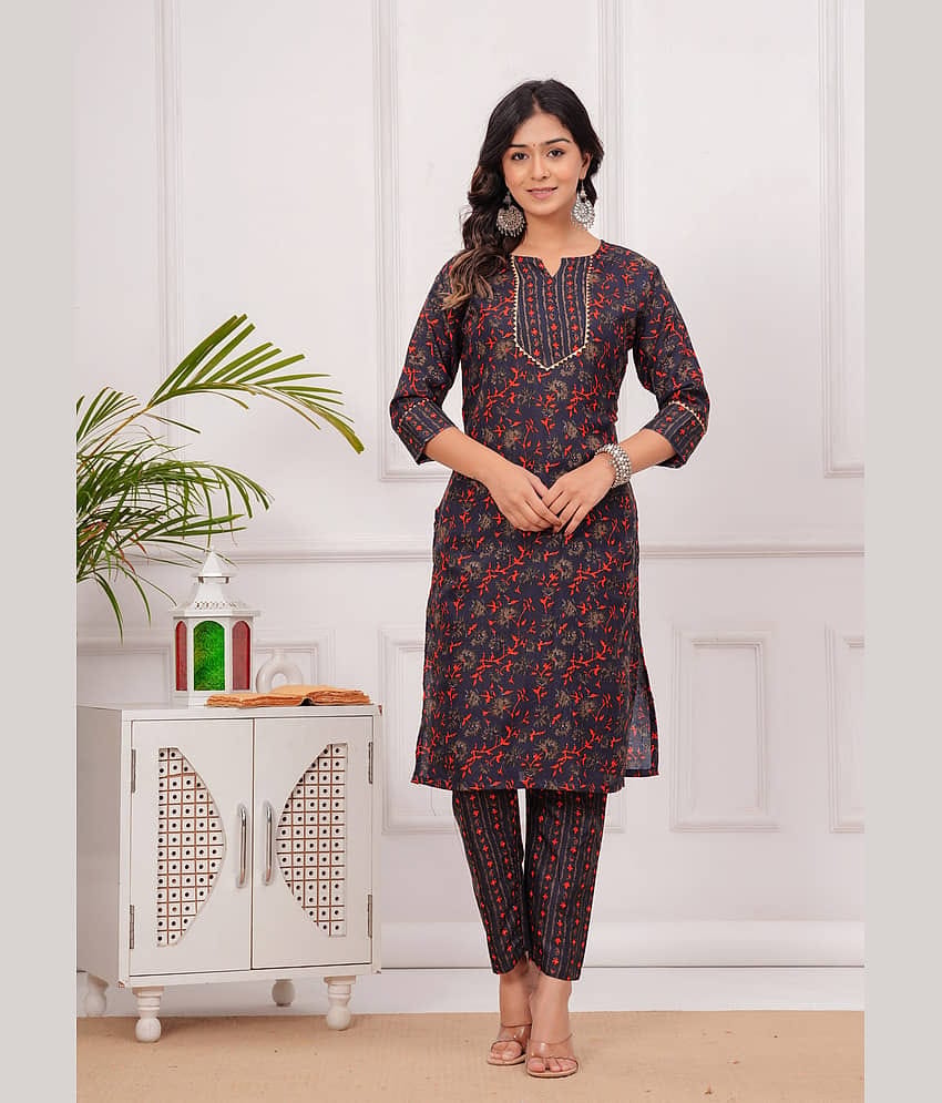 YAGNIK FASHION Cotton Printed Kurti With Pants Women's Stitched Salwar Suit - Black ( Pack of 1 )