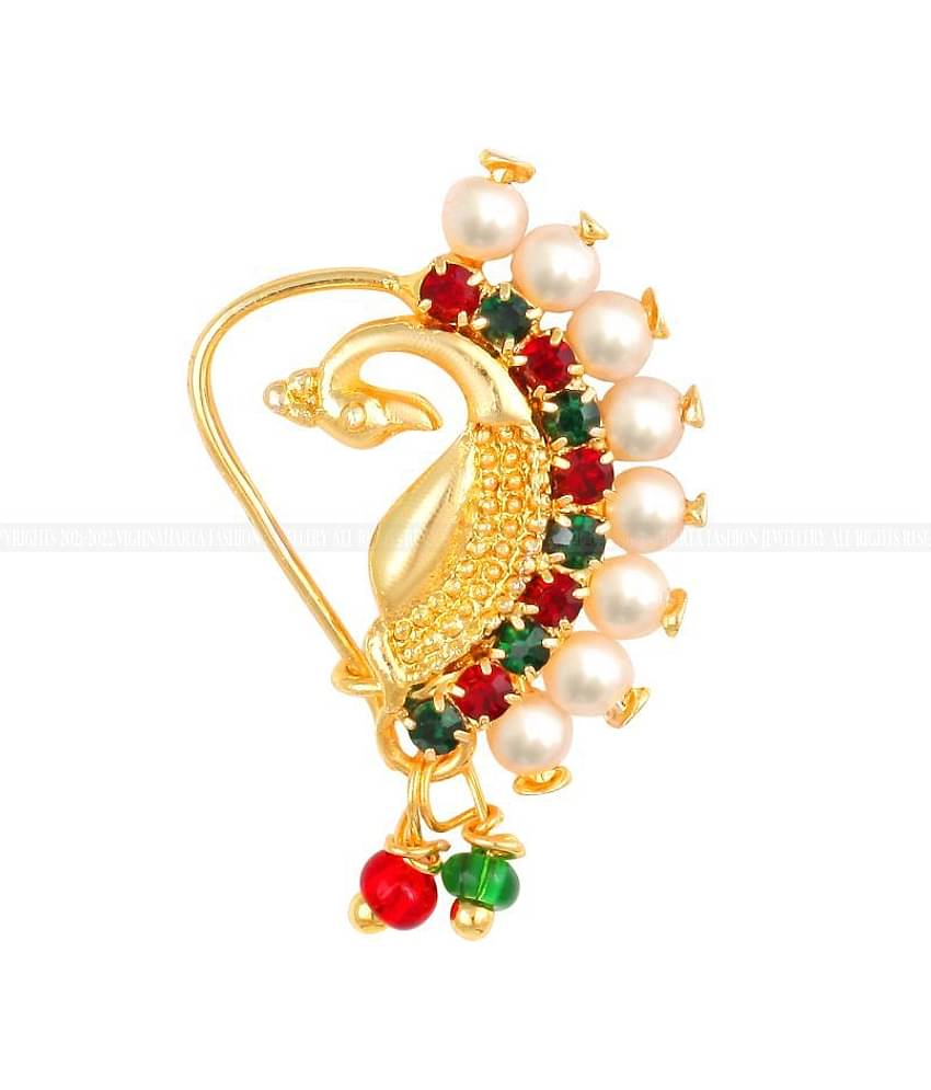 Vighnaharta Golden Moti Nath Gold Plated Mayur Design with AD stone Alloy Nose Ring  For women VFJ1023NTH-TAR