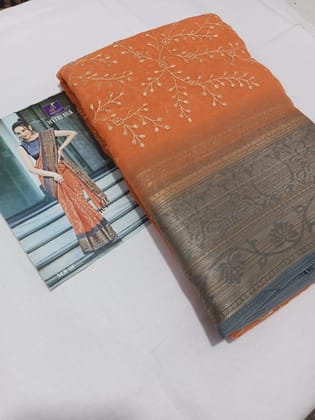 Elegant Gold Silk Saree with Floral Embroidery