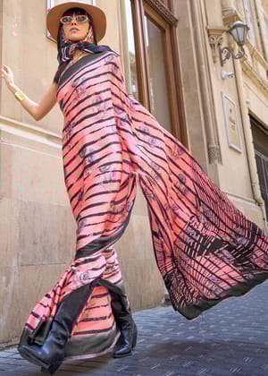 Classy Pink and Black Satin Crepe Digital Printed Saree