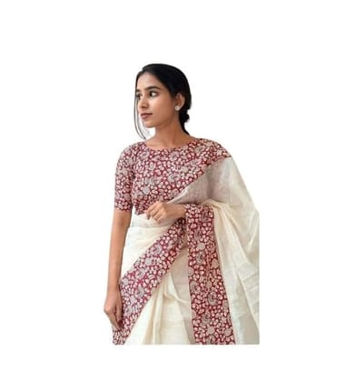DARSHANS Women's Linen Printed Saree With Unstitched Blouse 5.5Mtr (White)-PID65190