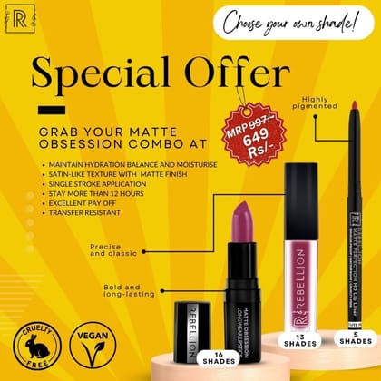 Rebellion Matte Obsession Combo - Longwear Lipstick, Non-Transfer Lipstick & Lipliner