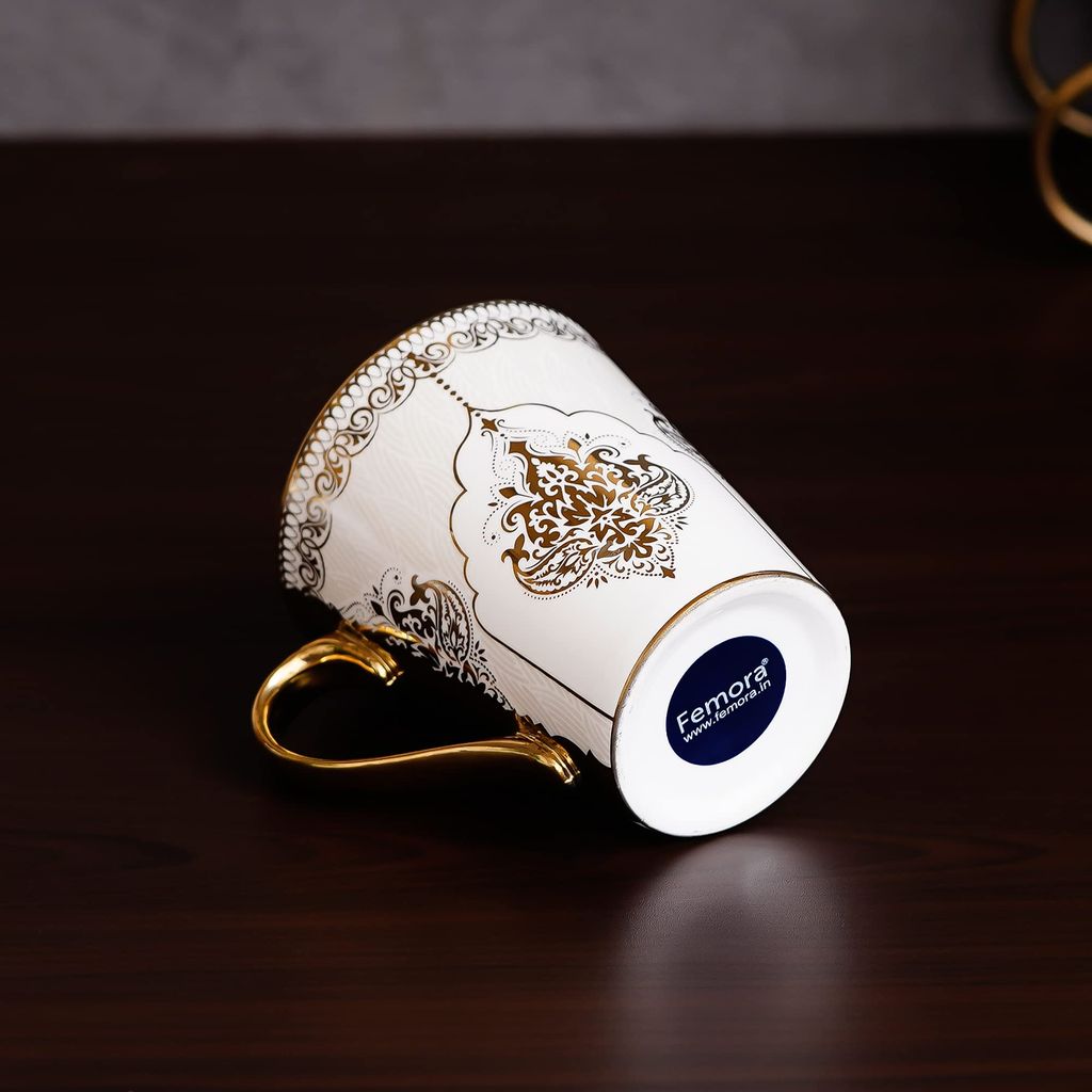 Femora Heritage Gold Coffee Mug Milk Mug - 330 ML, Set of 3 (Not Microwave Safe)