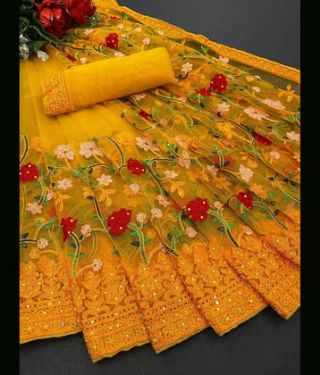 Apnisha Net Embroidered Regular Saree With Unstitched Blouse Piece ( Yellow )