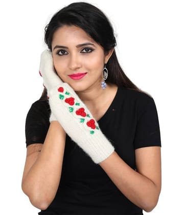 KC Store Women's Off-White Handmade Woolen With Embroidery (Flowers)Gloves For Winters