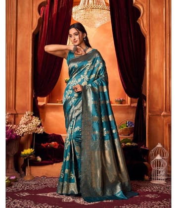 Aadvika Banarasi Silk Printed Saree With Unstitched Blouse Piece ( Blue )