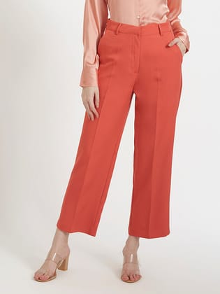 Women'S Luxury Banana Crepe Rust Red Straight Fit Flap Pocket Trouser-28