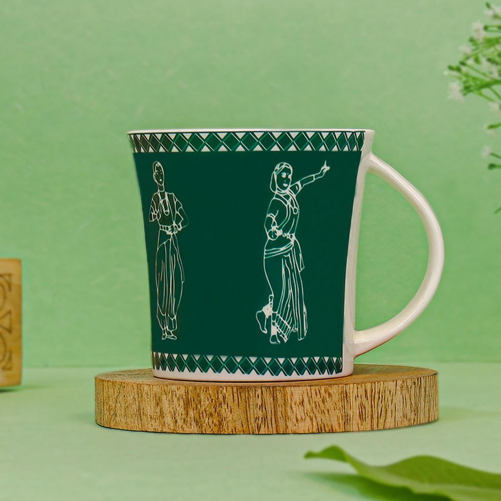 Femora Classical Dancers Pattern Tea Cups, Ceramic Tea Cups, Coffee Mugs (160 ml) - 6 Pcs Set (Green)
