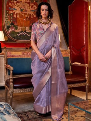 Lily Purple Woven Moss Chiffon Handloom Weaving Silk Saree