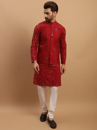Men's Cotton Maroon Kurta and White Pyjama With Maroon Nehru Jacket-38
