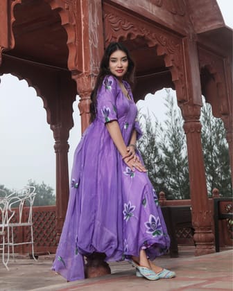 Regal Organza Suit Purple Hand Painted-32 (XS)