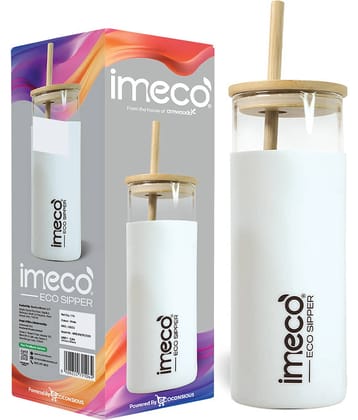 IMECO ECO-SIPPER Glass Sipper with Bamboo Straw White Glass Sipper Water Bottle 450 mL ( Set of 1 )