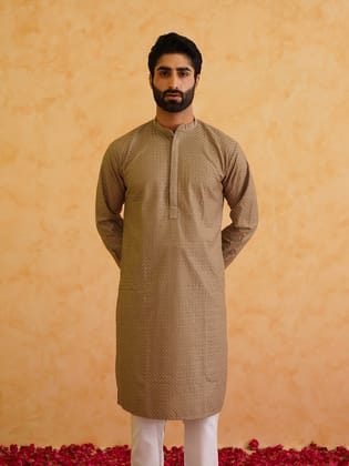 Men's Cotton Embroidered Thread Work Coffee Brown Kurta-38