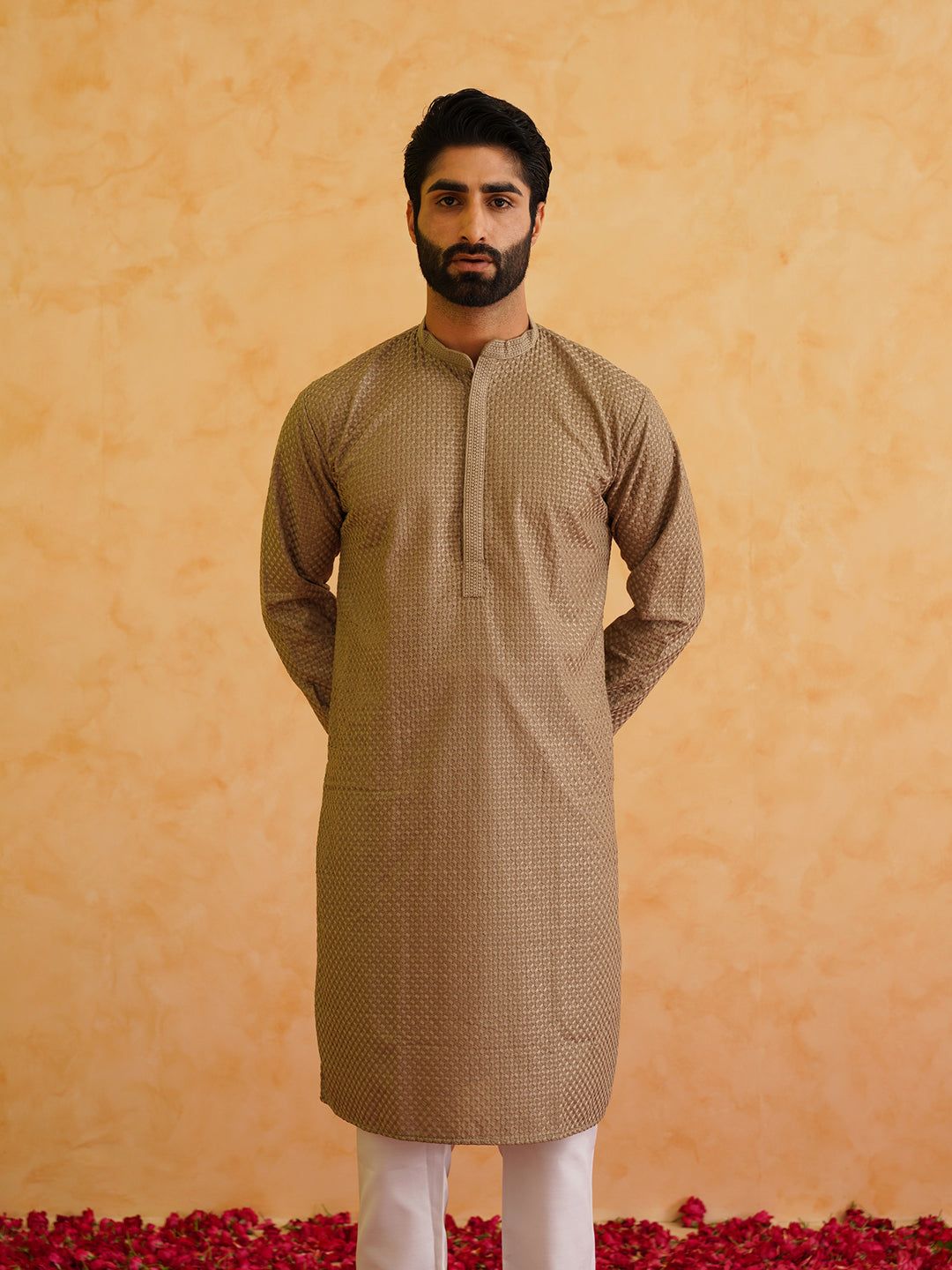 Men's Cotton Embroidered Thread Work Coffee Brown Kurta-42