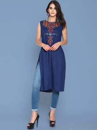 Blue Sleeveless Kurta With Multicolor Embroidery-L