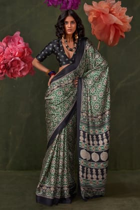 Castleton Green Ajrakh Printed Satin Crepe Soft Silk Saree