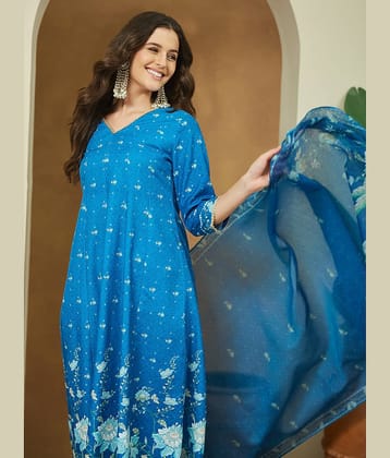 Janasya Women Cotton Blend Printed Anarkali Kurti With Pants ( Blue )