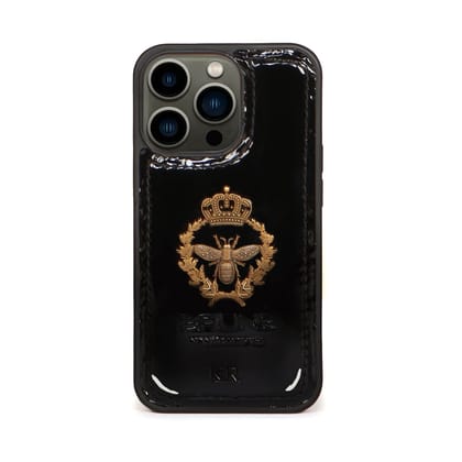 Customized Honey Bee Crest Zardosi Black Patent Leather Apple iPhone 13 Series Mobile Cover By Brune & Bareskin-11